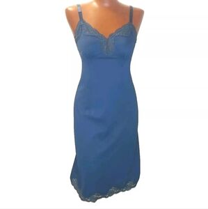 Vtg Y2k Shadowline Slip Dress Woman 32 Sm 6 Retro Satin Blue Lacey Fairy USA EUC